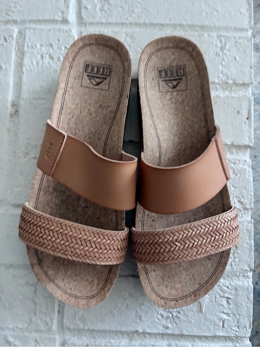 Reef Cushion Vista Hi Tan Woven-Strap Slide Sandals - Tan/Natural - size 8.5